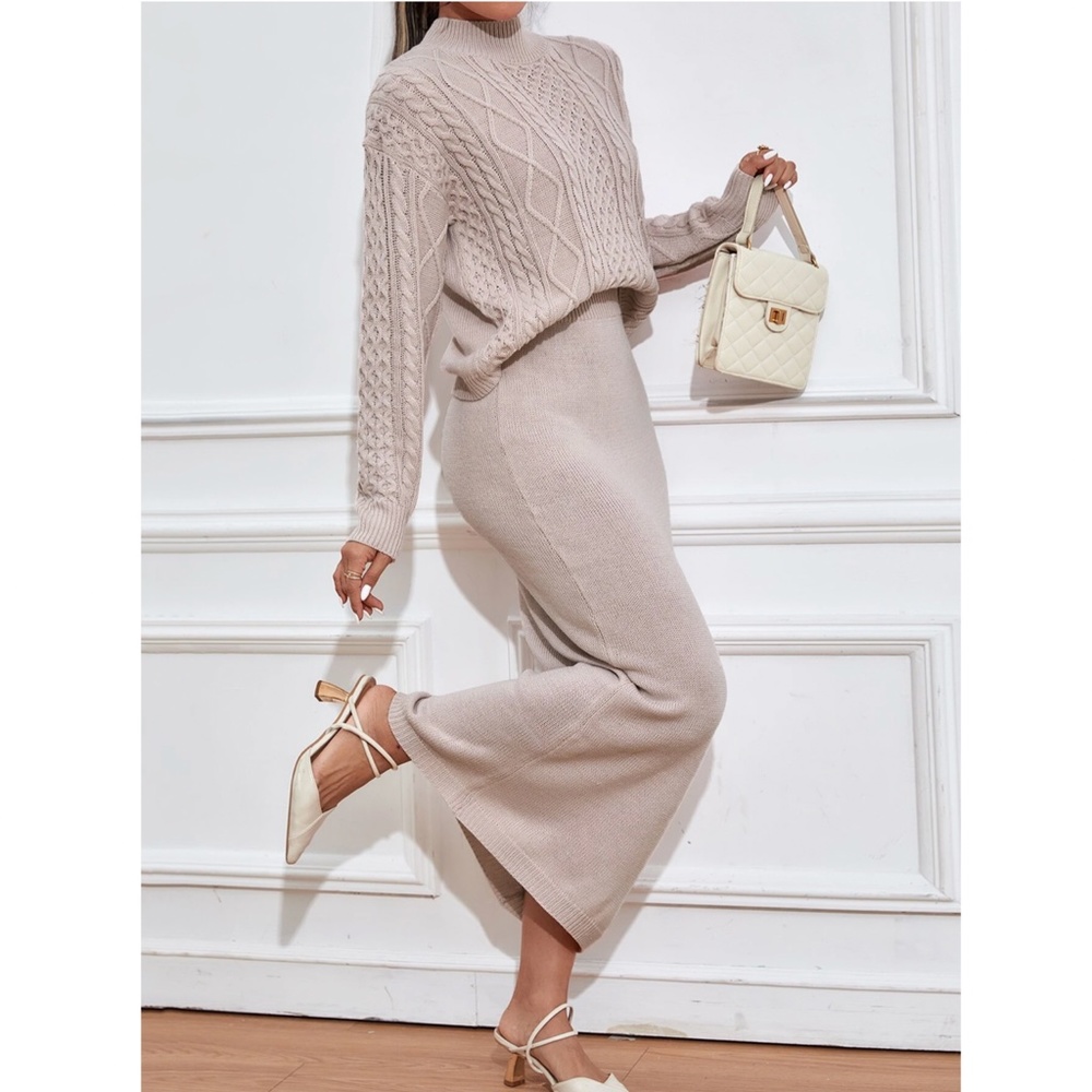 2 Piece Knit Skirt Set Blush Color Long Skirt & Cable Knit Sweater - Picture 2 of 11